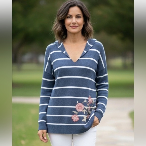 J. Jill Sweaters - J Jill Striped Floral Embroidered Hooded Pullover Sweater Women size Small